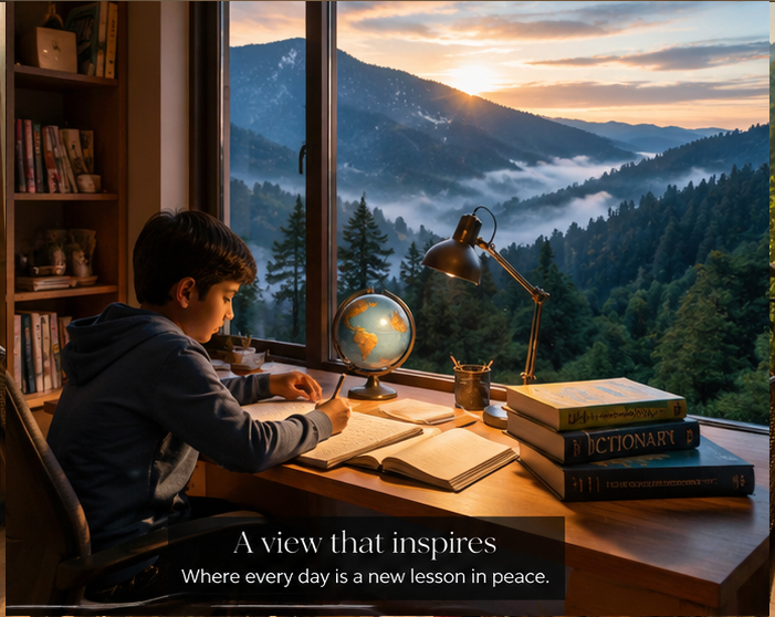 A child studying with a mountain view